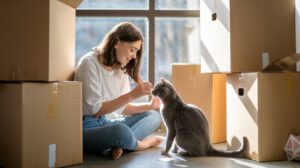 Umzug mit Katze - Frau mit Katze zwischen Umzugskartons